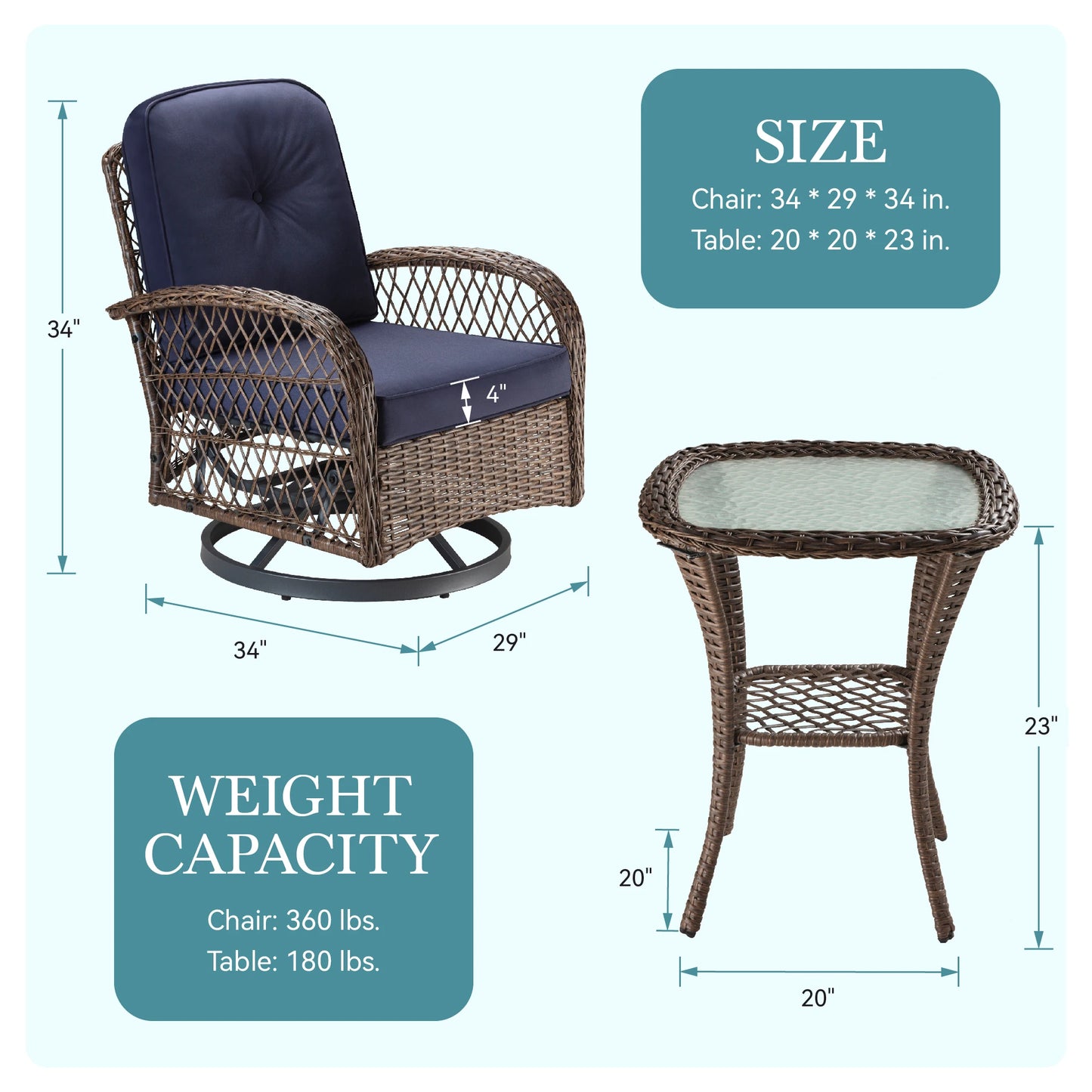 Outdoor Rotating Rocking Chair Set, Padded Cushions