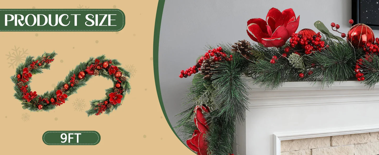 Pre-Lit Garland 9ft Christmas Garland, for Indoor Outdoor- 100 LED lights