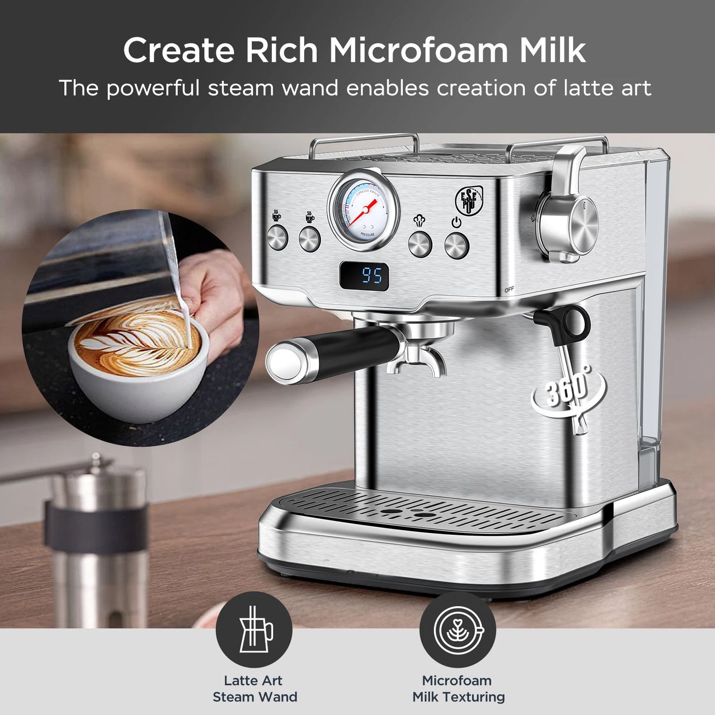 Espresso Machine 20 Bar Compact Household Coffee Espresso Maker with Milk Frother Steam Wand Pressure Gauge 60oz Water Tank