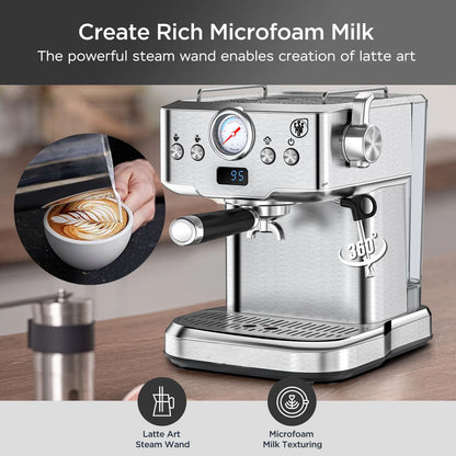 Espresso Machine 20 Bar Compact Household Coffee Espresso Maker with Milk Frother Steam Wand Pressure Gauge 60oz Water Tank