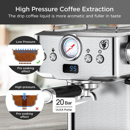 Espresso Machine 20 Bar Compact Household Coffee Espresso Maker with Milk Frother Steam Wand Pressure Gauge 60oz Water Tank