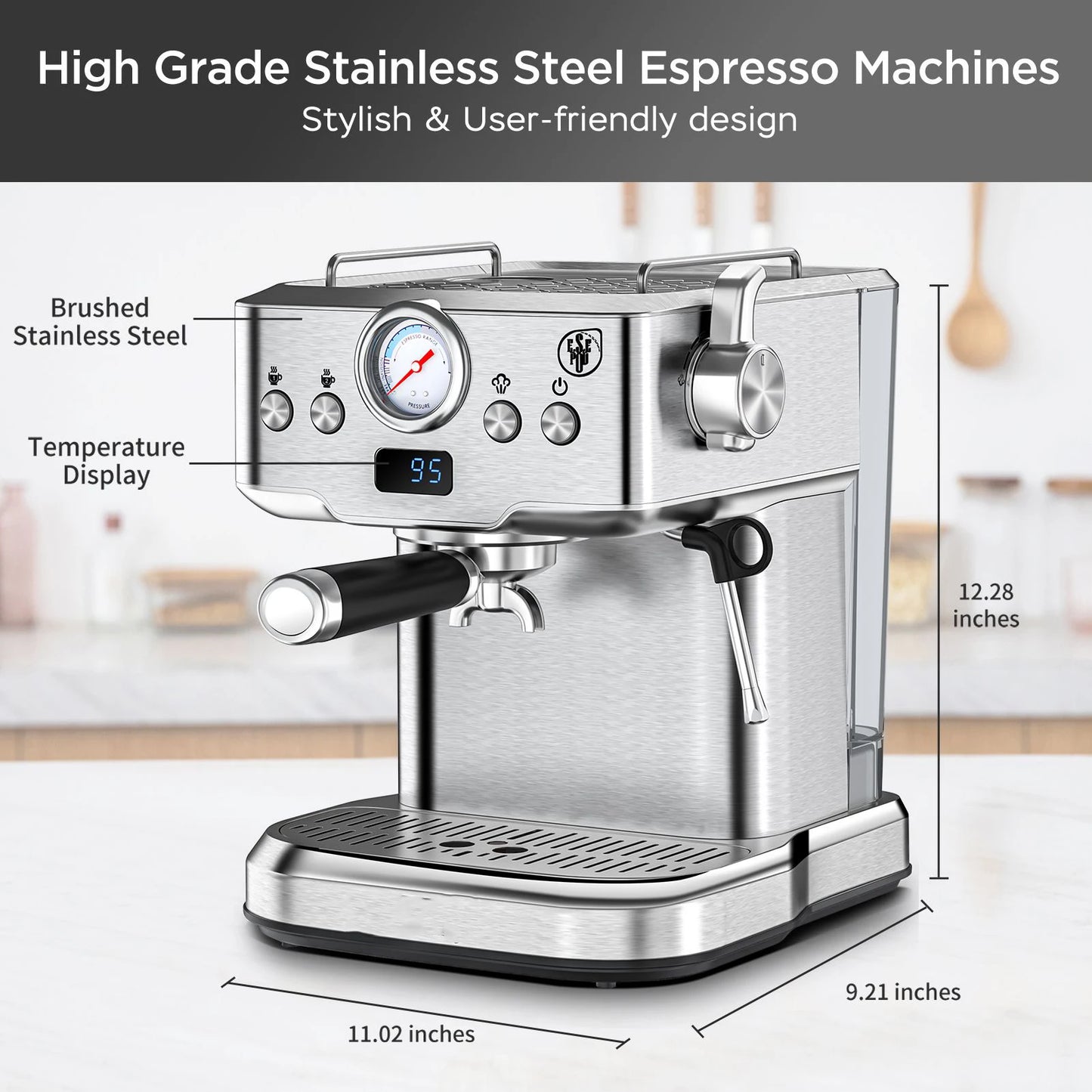 Espresso Machine 20 Bar Compact Household Coffee Espresso Maker with Milk Frother Steam Wand Pressure Gauge 60oz Water Tank