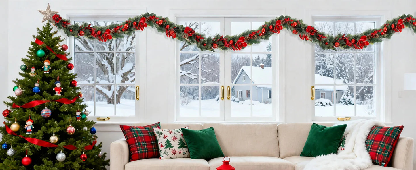 Pre-Lit Garland 9ft Christmas Garland, for Indoor Outdoor- 100 LED lights