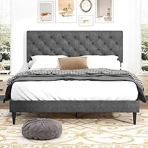 Linen Upholstered Queen Bed Frame with Headboard