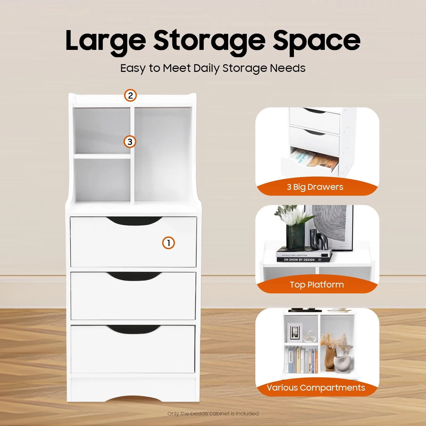 Tall Nightstand with 3 Drawers