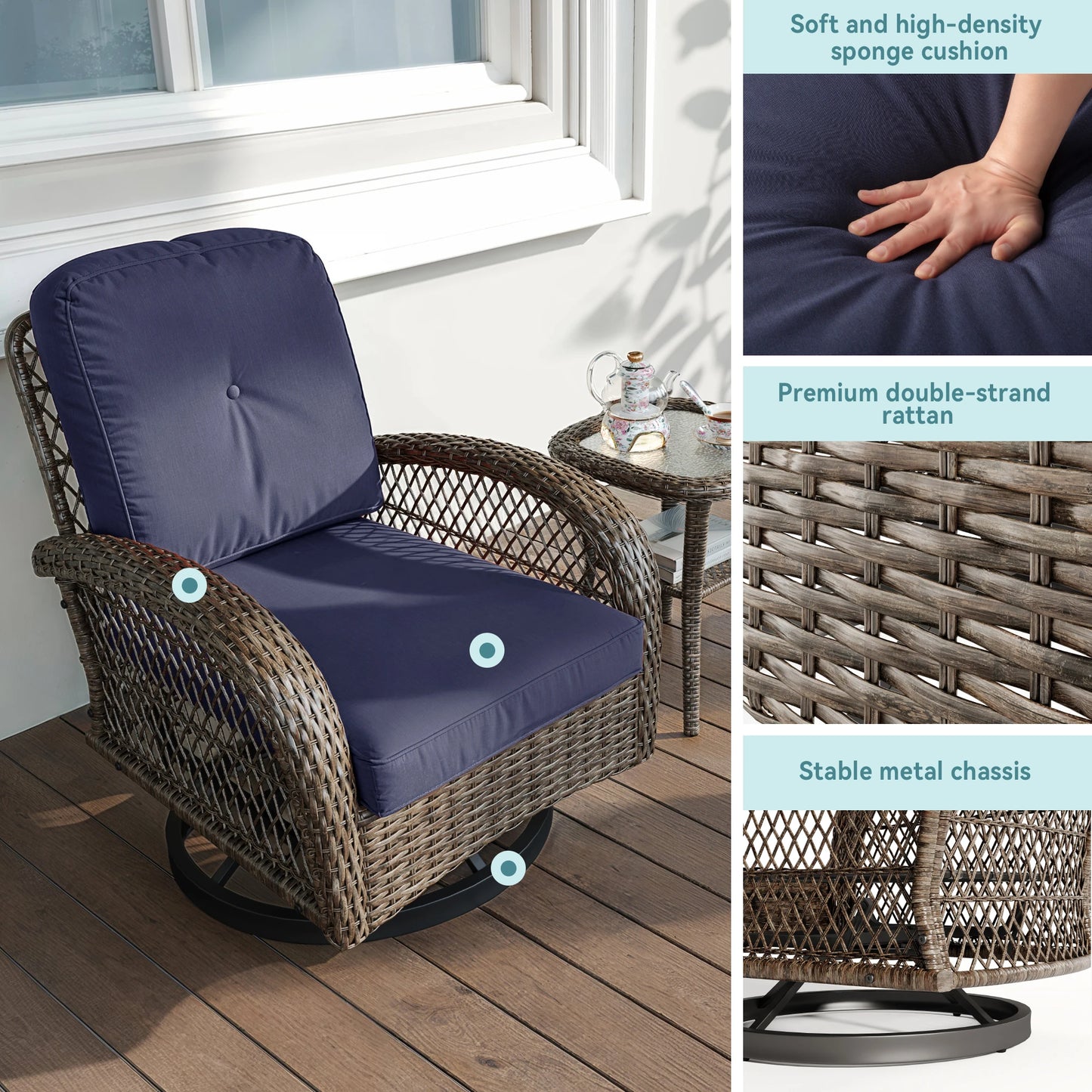 Outdoor Rotating Rocking Chair Set, Padded Cushions