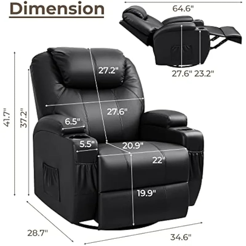 Rocker Recliner Chair with Massage, Leather Adjustable 360°Swivel