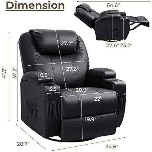 Rocker Recliner Chair with Massage, Leather Adjustable 360°Swivel