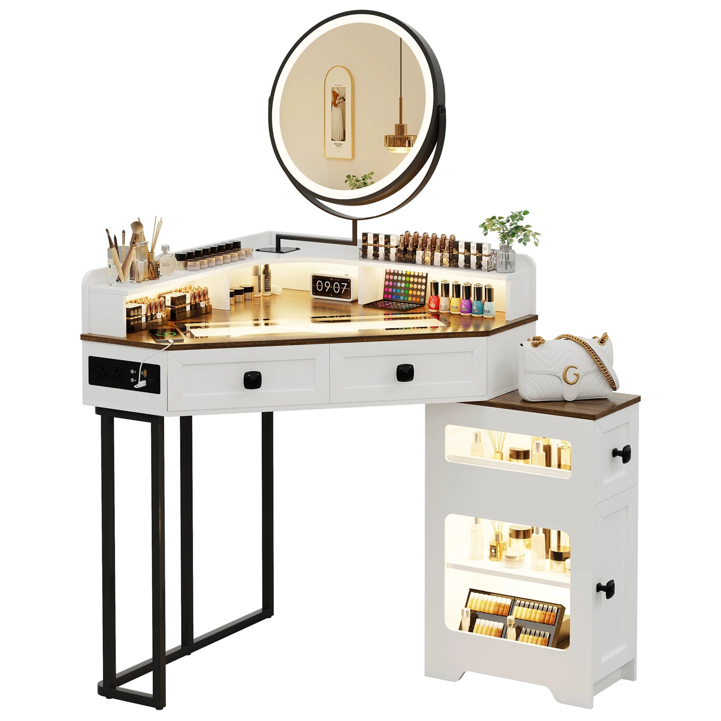 Corner Vanity Desk with Mirror and Lights