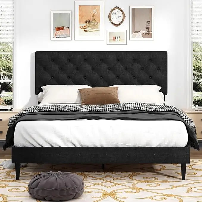 Linen Upholstered Queen Bed Frame with Headboard