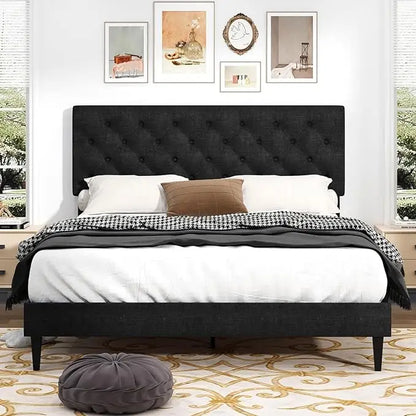 Linen Upholstered Queen Bed Frame with Headboard
