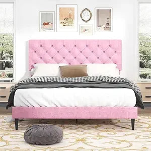 Linen Upholstered Queen Bed Frame with Headboard