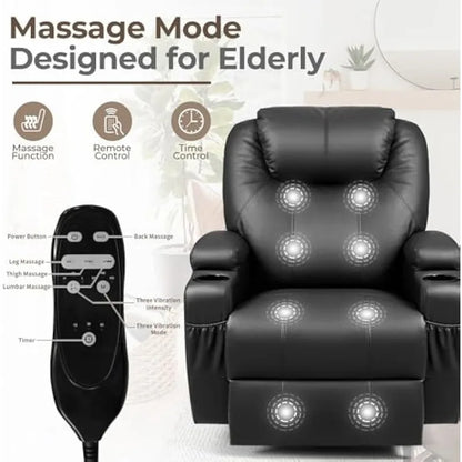 Rocker Recliner Chair with Massage, Leather Adjustable 360°Swivel