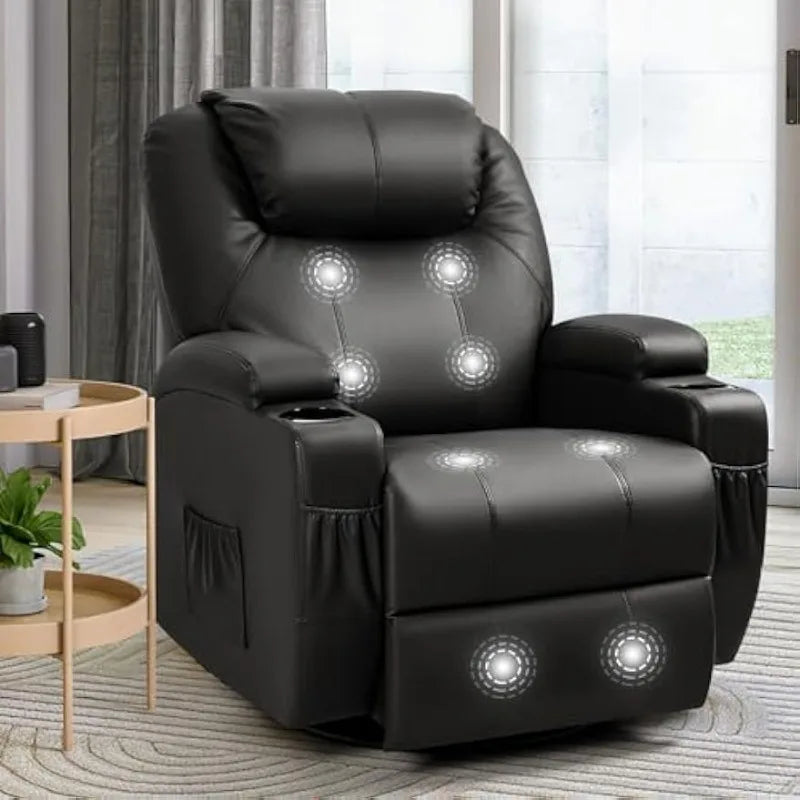 Rocker Recliner Chair with Massage, Leather Adjustable 360°Swivel