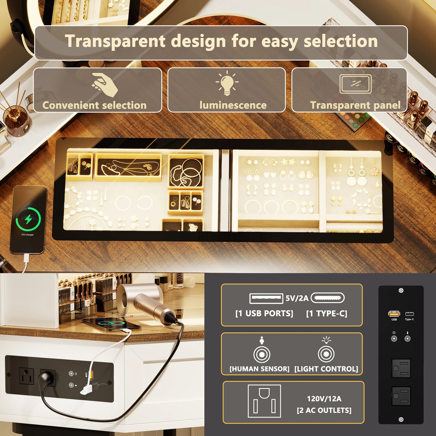 Corner Vanity Desk with Mirror and Lights