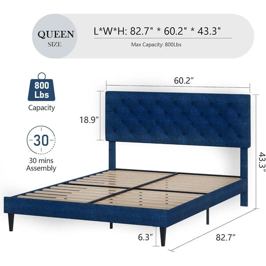 Linen Upholstered Queen Bed Frame with Headboard
