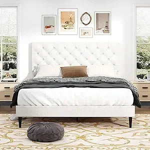 Linen Upholstered Queen Bed Frame with Headboard